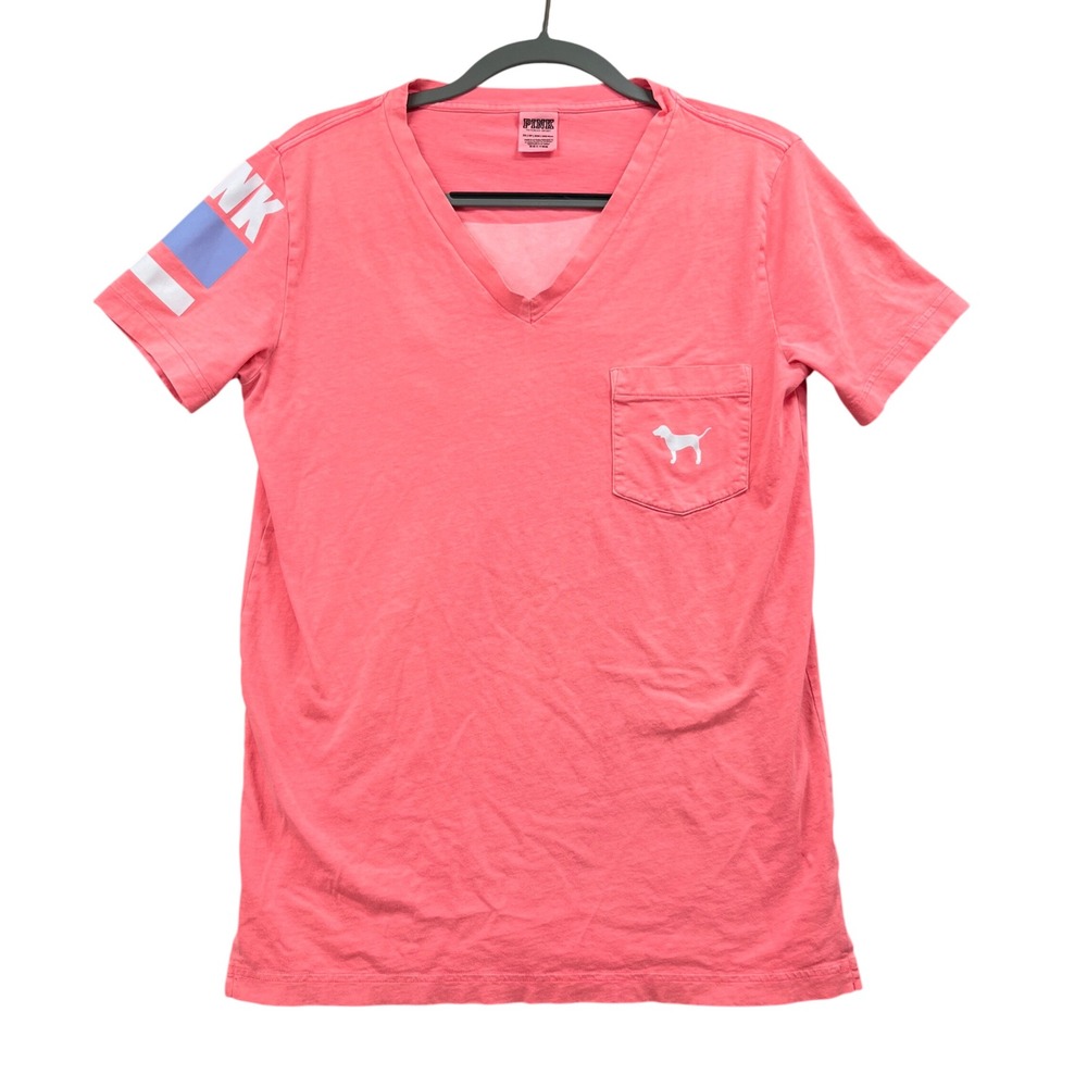 PINK Victorias Secret T-Shirt Womens XS Coral V Neck Pocket Dog Logo Tee